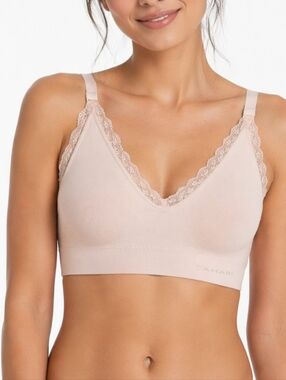 Tahari Blush Pink Lace Trim Bralette Soft Stretch Wireless Lounge Bra Minimalist